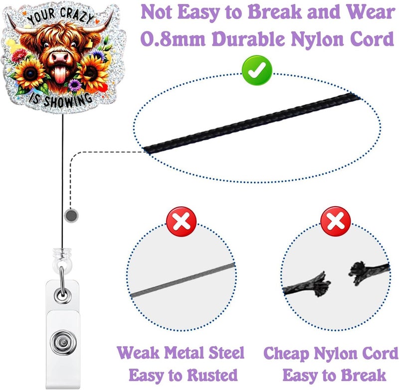 Bydevia Your Crazy is Showing Highland Cow Badge Reel Retractable, Funny Nurse Badge Accessories, Highland Cow Badge Holder with Alligator Clip & 24” Durable Nylon Cord for Nurse Nursing RN CNA & Office Staff - Image 4